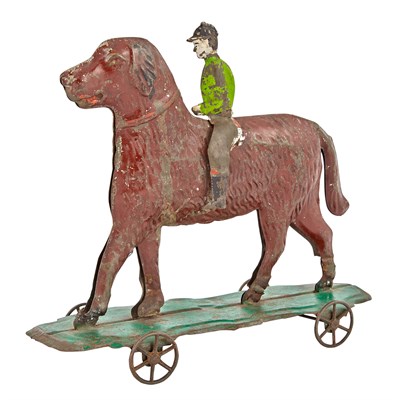 Lot 75 - Dog and Rider Tin Pull Toy Reddish Brown dog...