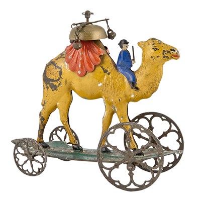 Lot 94 - Camel Tin Pull Toy with Rider and Bell Althof,...