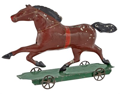 Lot 66 - Brown Horse on Platform Tin Toy Large Brown...