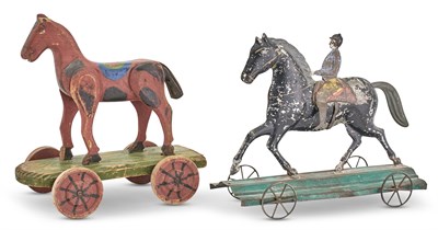 Lot 1389 - Painted Tin Pull Toy of a Horse and Rider...