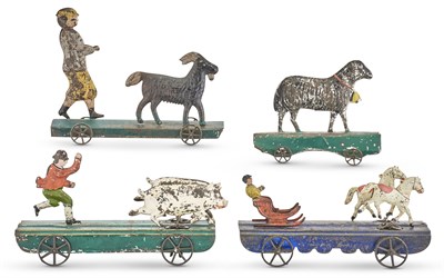 Lot 1414 - Four Painted Tin Platform Toys Comprising a...