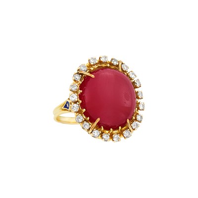 Lot 1417 - Gold, Cabochon Ruby, Diamond and Enamel Ring