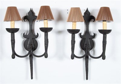 Lot 581 - Pair of Wrought Iron Two-Light Sconces Height...