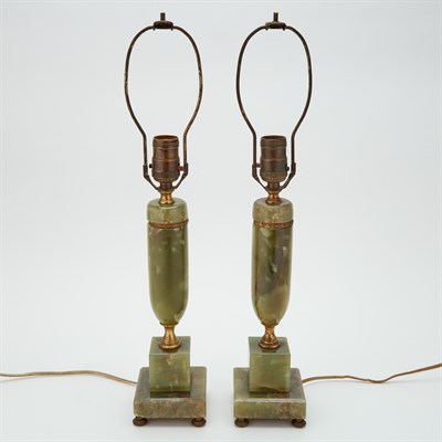 Lot 380 - Pair of Art Deco Gilt-Metal Mounted Onyx Lamps...