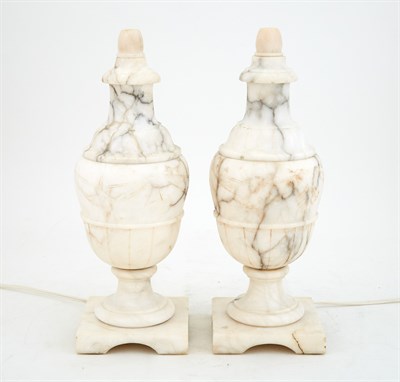 Lot 562 - Pair of Alabaster Urn-Form Lamps Height 13 1/2...