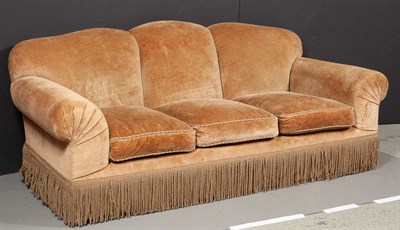 Lot 420 - Brown Velvet-Upholstered Three-Cushion Sofa...
