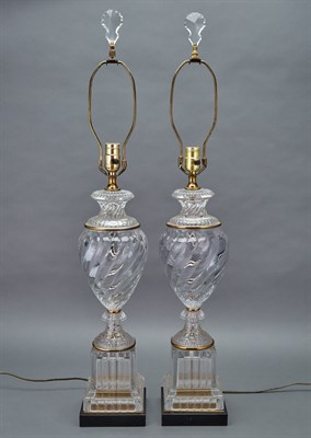 Lot 182 - Pair of Baccarat Style Urn-Form Glass Lamps...