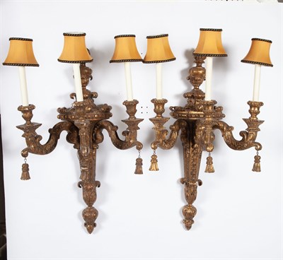 Lot 365 - Pair of Regénce Style Giltwood Three-Light...