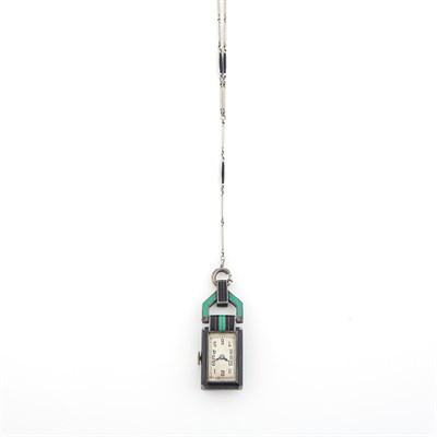 Lot 1594 - Art Deco Silver and Enamel Pendant-Watch with Chain