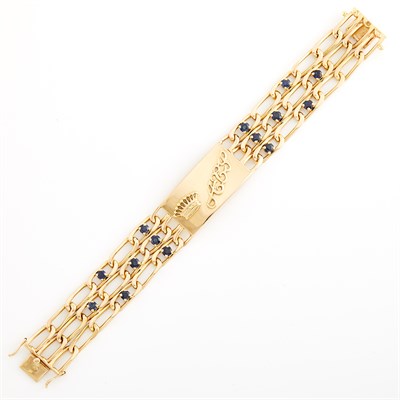 Lot 1418 - Gold and Sapphire Nameplate Bracelet