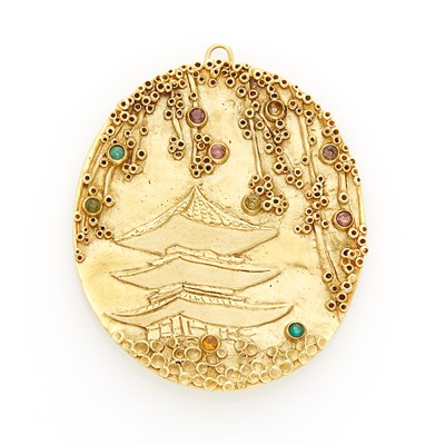 Lot 1321 - Gold and Gem-Set Pagoda Pendant-Brooch