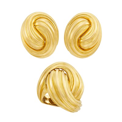Lot 684 - Pair of Gold Knot Earclips, Tiffany & Co., and Ring