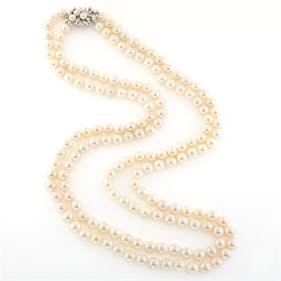 Lot 1370 - Double Strand Cultured Pearl Necklace with White Gold and Diamond Clasp