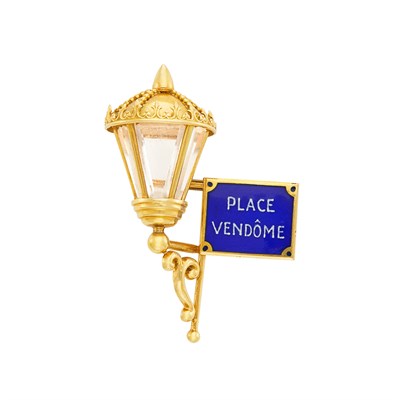 Lot 649 - Gold, Crystal and Enamel 'Place Vendome' Clip, Mauboussin, Paris