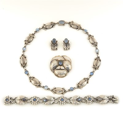 Lot 1702 - Silver and Moonstone Necklace, Bracelet, Brooch and Pair of Earclips, Georg Jensen