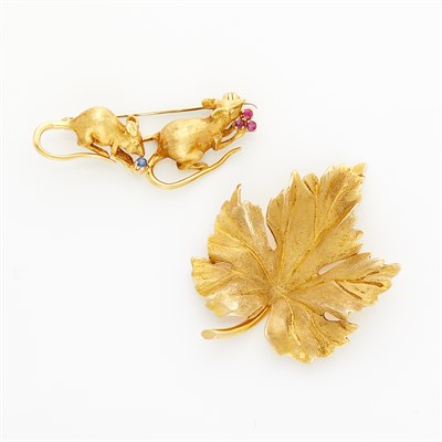 Lot 1061 - Gold Leaf Pin and Ruby and Sapphire Mice Pin
