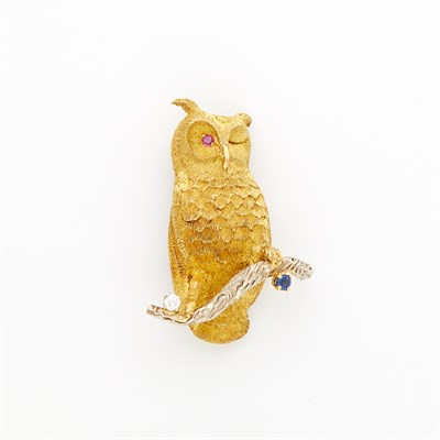 Lot 1056 - Two-Color Gold, Diamond, Sapphire and Ruby Owl Brooch