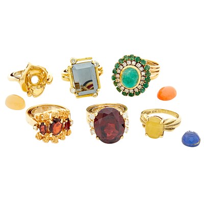 Lot 117 - Five Gold, Low Karat Gold and Colored Stone Rings, Ring Mounting and Three Unmounted Colored Stones