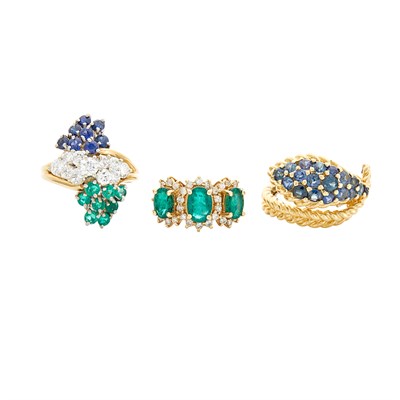 Lot 296 - Three Gold, Diamond, Emerald and Sapphire Rings