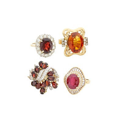 Lot 347 - Four Gold, Garnet, Ruby, Citrine, Simulated and Diamond Rings