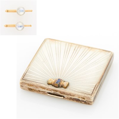 Lot 140 - Tiffany & Co. Silver, Gold and Sapphire Compact and Pair of Gold and Moonstone Shirt Studs