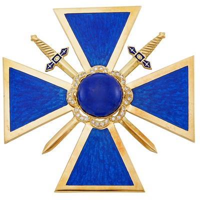 Lot 215 - Gold, Blue Enamel, Lapis and Diamond Maltese Cross Brooch
