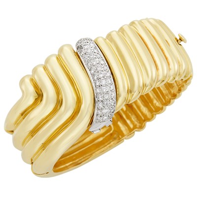 Lot 743 - Wide Gold Bangle Bracelet with White Gold and Diamond Enhancer