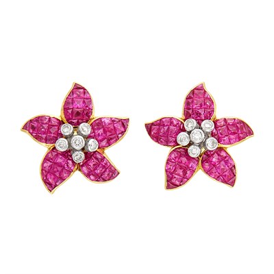 Lot 294 - Pair of Gold, Invisibly-Set Ruby and Diamond Flower Earclips