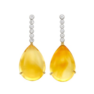 Lot 738 - Pair of Diamond and Cabochon Citrine Pendant-Earrings