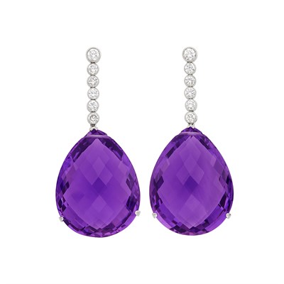 Lot 516 - Pair of White Gold, Amethyst and Diamond Pendant-Earrings