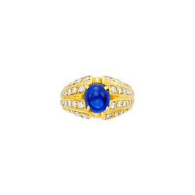 Lot 1130 - Gold, Cabochon Sapphire and Diamond Ring