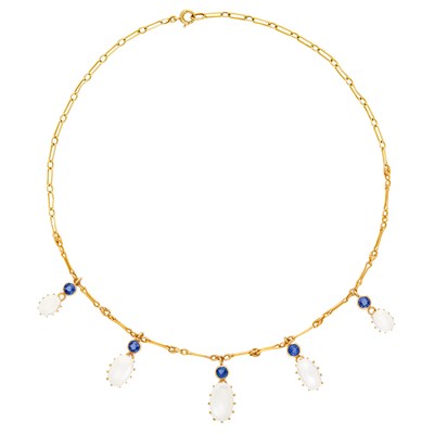 Lot 541 - Antique Gold, Moonstone and Sapphire Fringe Necklace, Black, Starr & Frost