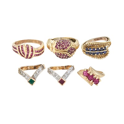 Lot 133 - Six Gold, Gem-Set, Diamond and Simulated Diamond Rings