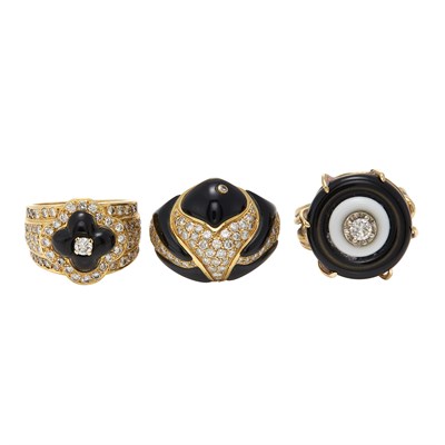 Lot 143 - Three Gold, Black and White Onyx and Diamond Rings