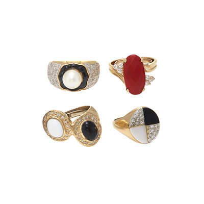 Lot 225 - Four Gold, Black and White Onyx, Cultured Pearl, Red Stone and Diamond Rings
