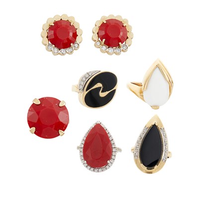 Lot 363 - Pair of Gold, Red Stone and Diamond Earclips and Five Rings