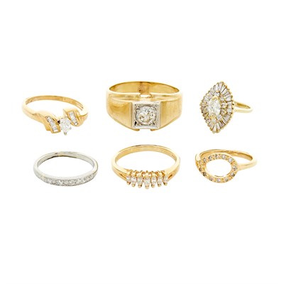 Lot 242 - Five Gold and Diamond Rings and White Gold and Diamond Band Ring