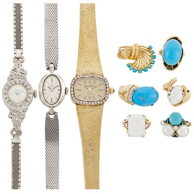 Lot 338 - Three Wristwatches and Group of Gold, Turquoise, Blue and White Stone and Diamond Rings