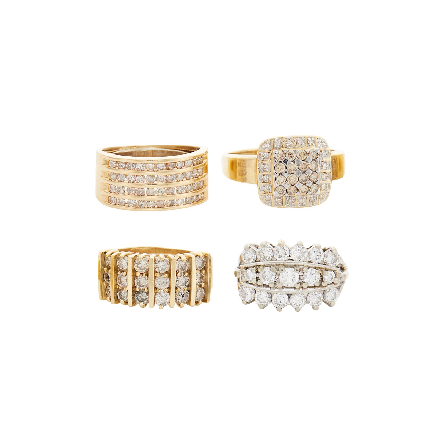 Lot 334 - Four Yellow and White Gold and Diamond Rings