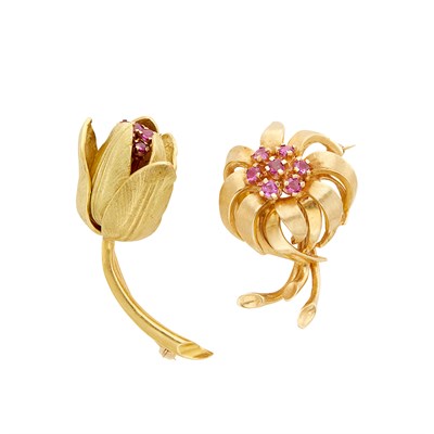 Lot 232 - Two Gold and Ruby Flower Pins
