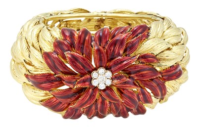 Lot 425 - Gold, Enamel and Diamond Flower Cuff Bangle Bracelet