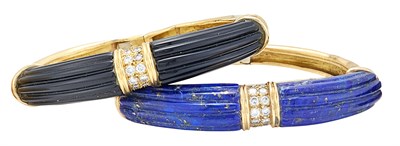 Lot 204 - Two Gold, Lapis, Black Onyx and Diamond Bangles