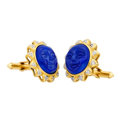 Lot 411 - Pair of Gold, Carved Lapis and Diamond Sun Cufflinks