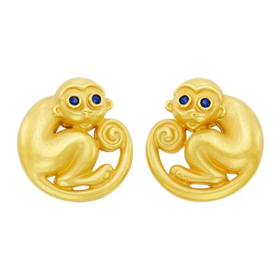 Lot 423 - Pair of Gold and Sapphire Monkey Cufflinks