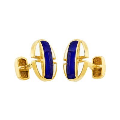 Lot 453 - Pair of Gold and Blue and White Enamel Cufflinks, David Webb