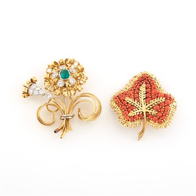 Lot 1359 - Coral Leaf Pin, Tiffany & Co., and Gold, Emerald and Diamond Flower Brooch