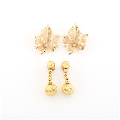 Lot 1549 - Pair of Gold Ball Pendant-Earrings, Tiffany & Co., and Diamond Leaf Earrings