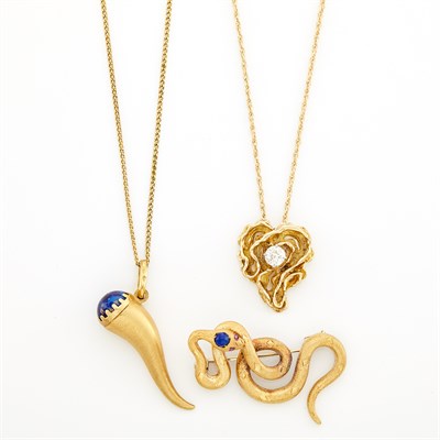 Lot 1613 - Two Gold, Diamond and Enamel Pendants and Lapis and Ruby Snake Pin