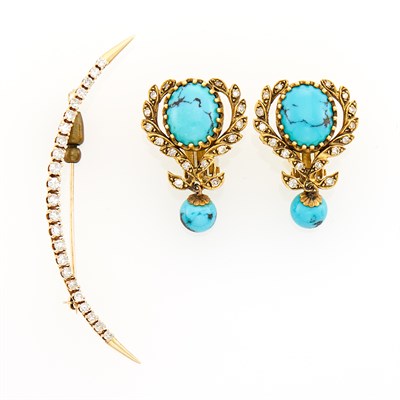 Lot 1376 - Gold and Diamond Crescent Pin and Pair of Turquoise Earrings