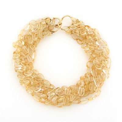 Lot 1341 - Multistrand Citrine Bead Torsade Necklace with Gold Clasp, Tiffany & Co.